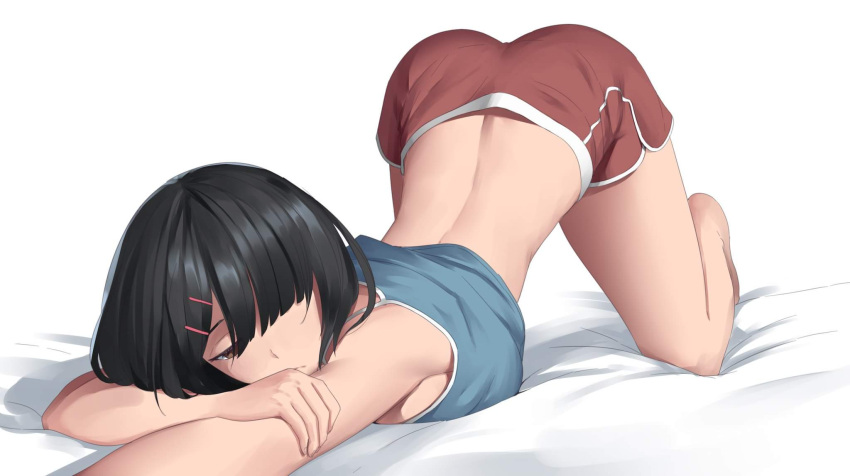 1girls ass_focus ass_up back bangs bare_shoulders barefoot bed_sheet bent_over black_hair blue_tank_top brown_eyes brunette ela_angraeni_(revian_samuel_dani) facepaint female hair_ornament hair_over_one_eye hairclip half-closed_eyes highres jack-o_pose light-skinned_female light_skin meme one_eye_covered original red_shorts revian_samuel_dani seductive short_hair short_shorts shorts simple_background sleeveless solo tank_top top-down_bottom-up white_background