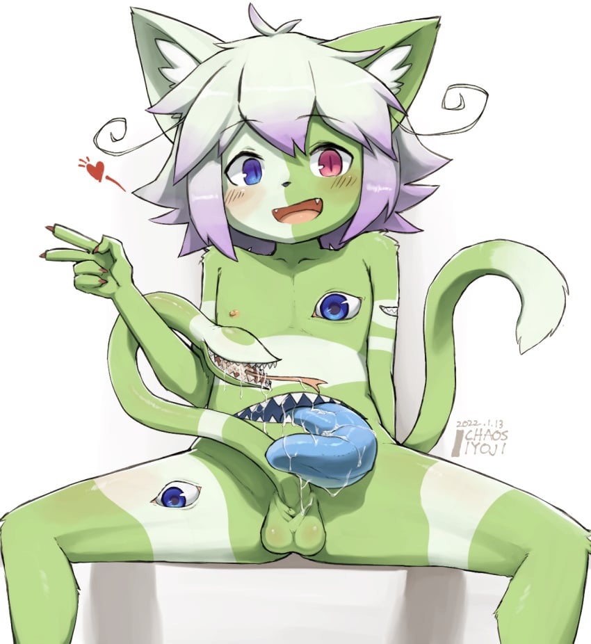 anthro arbre_(hane) blush chaos_iyoji domestic_cat eye_nipples felid feline felis genitals gesture green_body hair heart heterochromia hi_res highlights_(coloring) inner_ear_fluff loose_hair male mammal multicolored_body nude open_mouth open_smile penis purple_highlights reptile scalie signature sitting smile snake snake_penis solo spread_legs spreading stomach_mouth tongue tongue_out tuft two_tone_body unusual_anatomy unusual_genitalia unusual_penis v_sign white_body white_hair