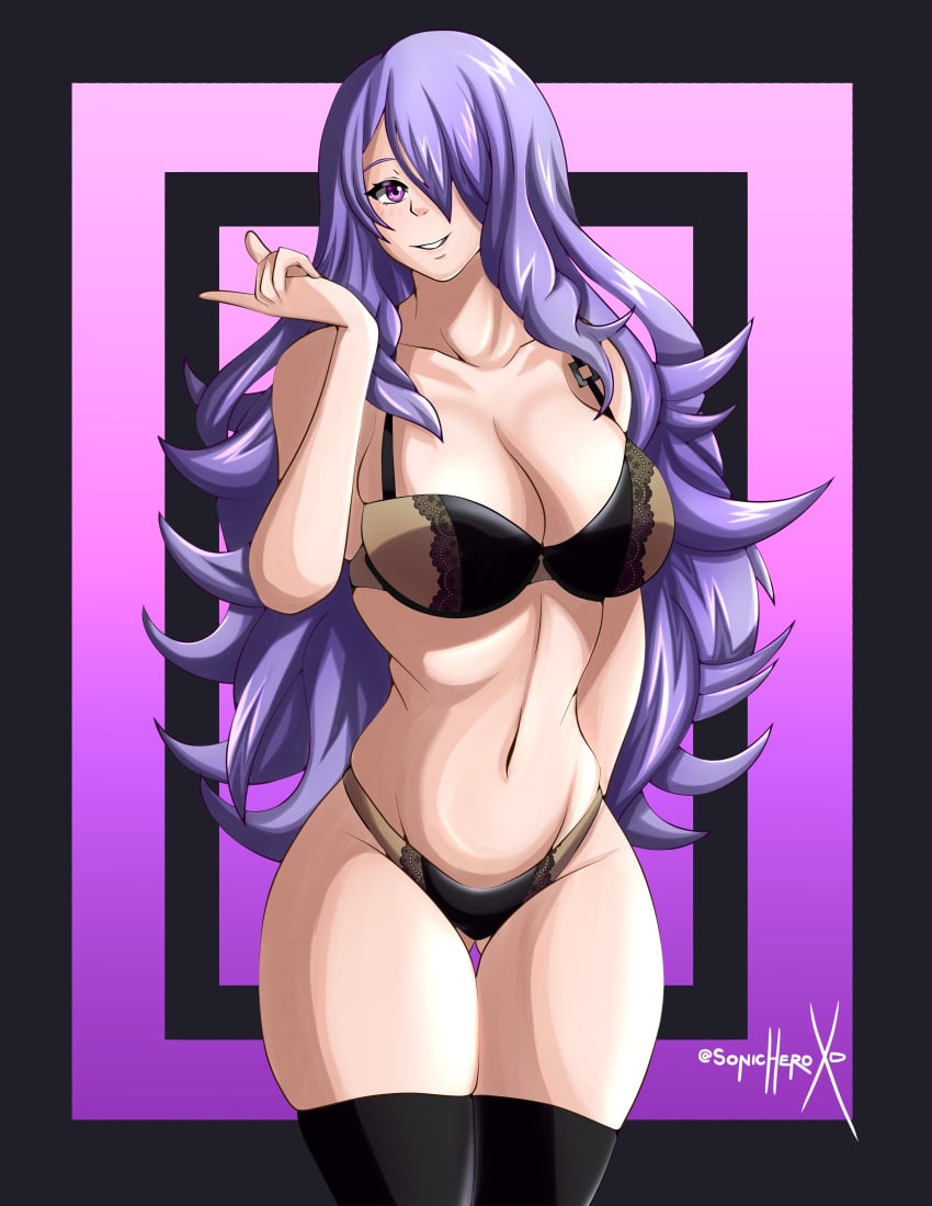 1girls ass_visible_through_thighs bare_thighs black_panties breasts camilla_(fire_emblem) cleavage female fire_emblem fire_emblem_fates large_breasts lingerie long_hair nintendo panties purple_eyes purple_hair skindentation solo sonicheroxd thick_thighs thighhighs thighs very_long_hair