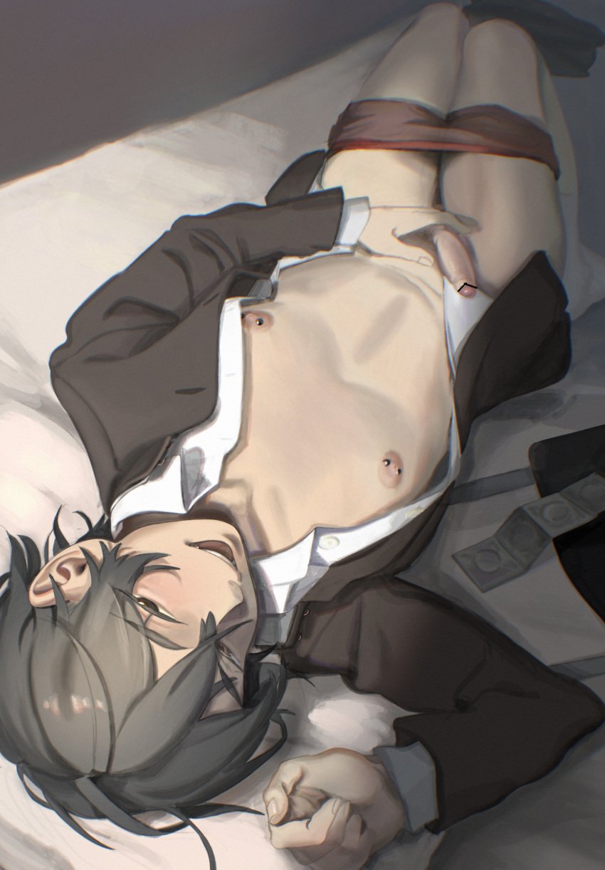 1boy :d absurdres bag bar_censor barbell_piercing bed_sheet black_hair black_jacket blush boxer_briefs censored chromatic_aberration condom condom_packet_strip condom_wrapper dress_shirt erection foreskin from_above gakuran hair_between_eyes half-closed_eyes hand_on_own_penis high_collar highres human jacket kura_(nrzs8378) looking_at_viewer lying male male_only male_underwear male_underwear_pull naughty_face nipple_piercing nipples no_pants on_back open_clothes open_jacket open_mouth open_shirt original partially_retracted_foreskin penis piercing pointless_censoring red_male_underwear retracted_foreskin school_bag school_uniform shaved_crotch shirt short_hair smile socks solo uncircumcised uncut underwear upside-down white_legwear white_shirt
