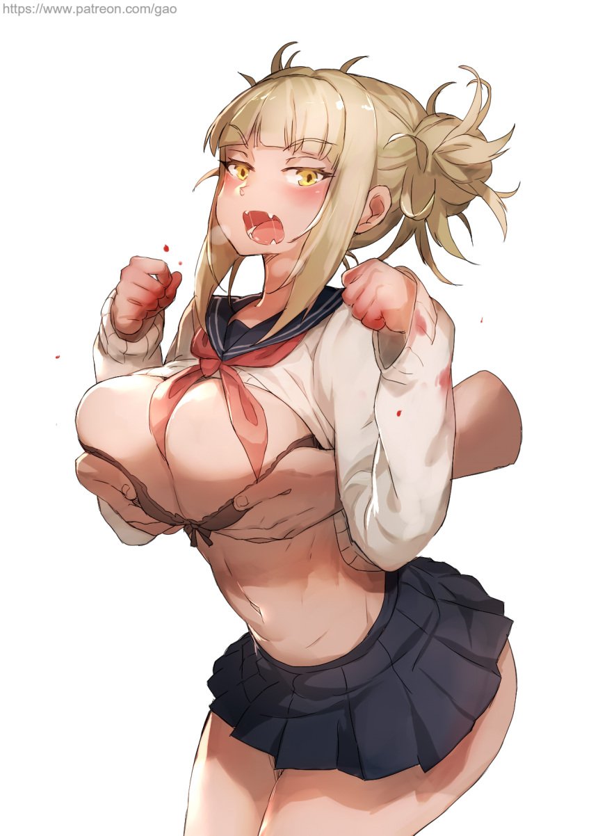 1boy 1girls big_breasts black_bra blonde_hair blood blush bra disembodied_hand double_bun fangs gao-lukchup gaolukchup groping groping_breasts himiko_toga looking_at_viewer miniskirt my_hero_academia sailor_collar school_uniform schoolgirl simple_background skirt yellow_eyes