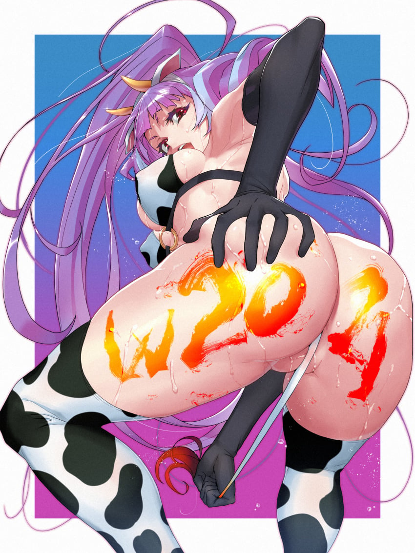 2021 absurdres animal_ears animal_print ass bikini bikini_top_only blue_hair blush bottomless breasts chinese_zodiac cow_ears cow_girl cow_horns cow_print cow_tail don_(rg06268) female from_behind highres horns large_breasts long_hair looking_at_viewer looking_back macross macross_delta mikumo_guynemer multicolored_hair partially_visible_vulva print_bikini purple_hair red_eyes shiny shiny_hair shiny_skin solo stockings streaked_hair sweat swimsuit tail tail_pull thighhighs very_long_hair year_of_the_ox