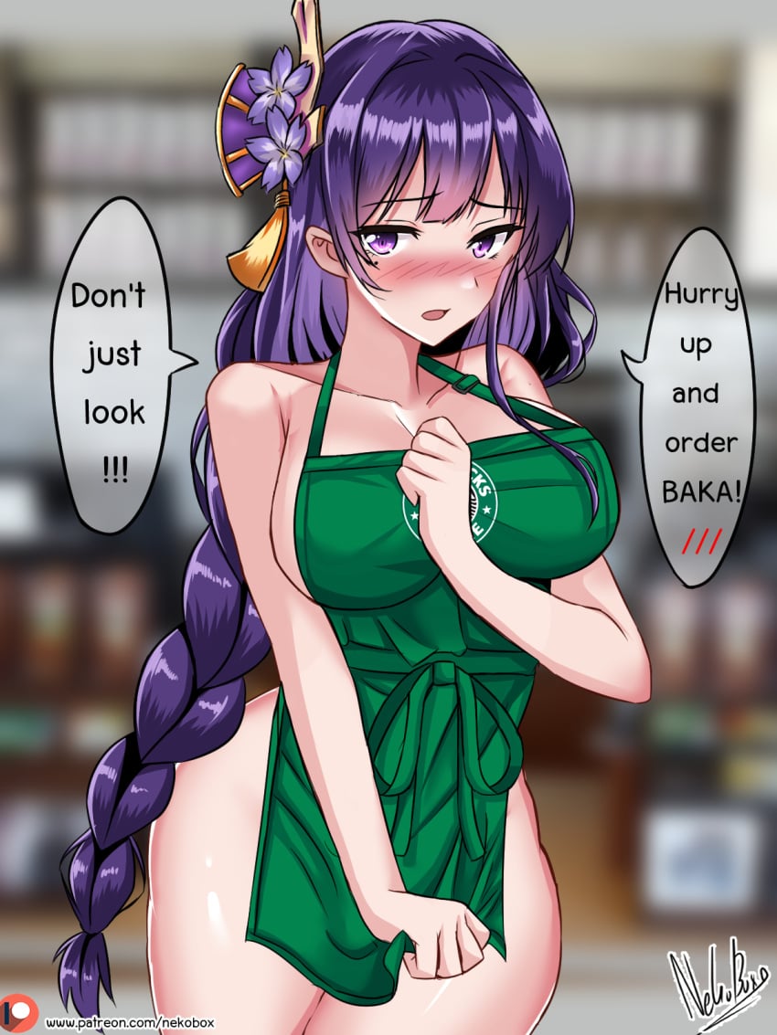 1girls 2021 3:4 apron apron_tug artist_name barista blush braid breasts cleavage covering covering_crotch embarrassed english_text eyebrows_visible_through_hair female female_only flower genshin_impact green_apron hair_flower hair_ornament highres iced_latte_with_breast_milk indoors large_breasts long_hair long_ponytail looking_at_viewer matching_hair/eyes meme mole mole_under_eye naked_apron nekobox open_mouth patreon_username ponytail purple_eyes purple_flower purple_hair raiden_shogun sideboob signature solo speech_bubble spoken_blush standing starbucks text thick_thighs thighs tied_hair tongue url very_long_hair watermark wide_hips