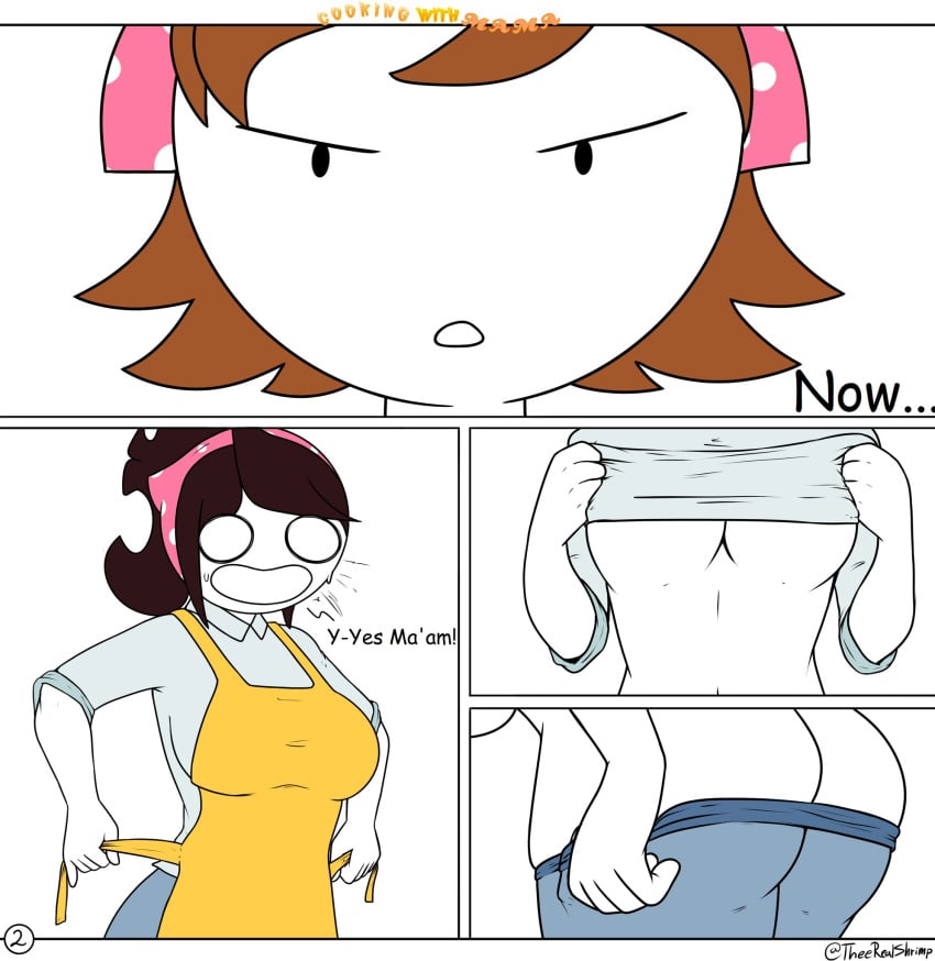 2020 2girls apron apron_only bandana bottomwear casual_nudity clothing comic comic_page cookie cookies cooking_mama dialogue english_text female female_only fully_clothed headwear human jaiden jaiden_animations mama_(cooking_mama) mama_(cooking_mama)_(cosplay) mob_face multiple_girls nintendo outerwear page_2 page_number pale_skin pants_down shirt_lift shocked_expression signature taking_clothes_off text theeshrimp topwear yellow_apron youtube