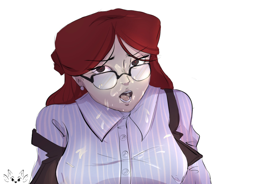 anita_may big_breasts cum cum_in_mouth cum_on_face dress_shirt glasses grand_theft_auto grand_theft_auto_v looking_at_viewer nopixel policewoman red_hair unusual_pupils