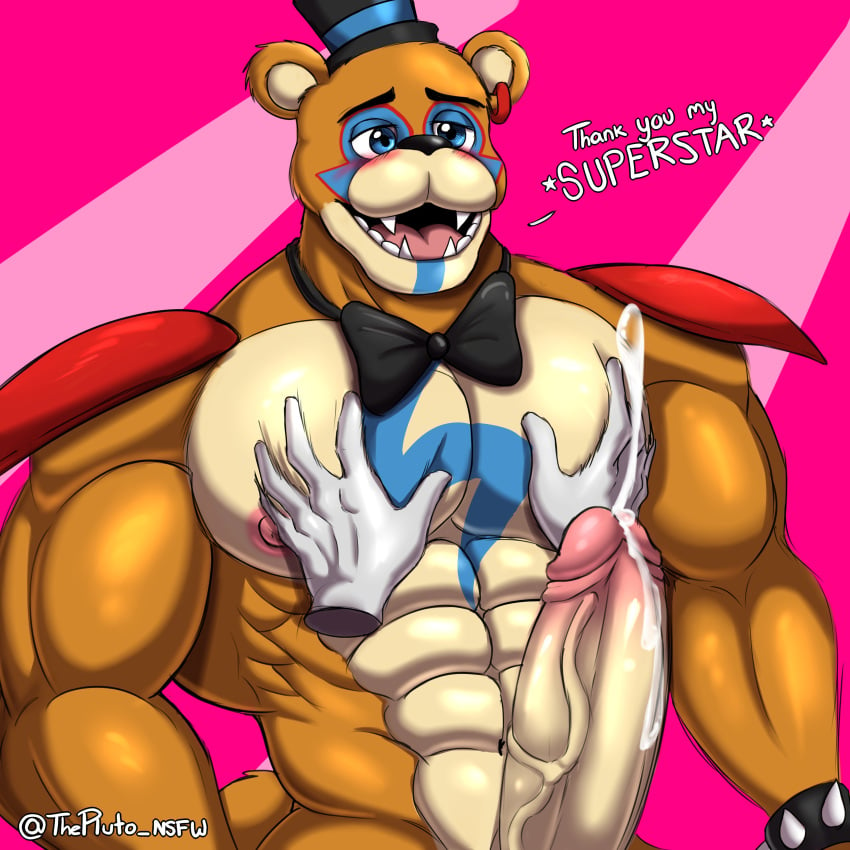 1boy abs ambiguous_gender animatronic anthro anthro_only anthrofied antlers bear bear_ears big_penis black_nose blue_eyes blush blush_lines blushed bodypaint bow_tie bowtie bracelet cotton_tail cum cum_leak cum_leaking cum_on_penis cumshot ear_piercing earrings english_text erect_penis erection facepaint five_nights_at_freddy's five_nights_at_freddy's:_security_breach fur gay glamrock_freddy_(fnaf) grabbing_chest half-closed_eyes hand_on_chest hands-free hands_on_chest leaking leaking_cum long_penis machine male_only muscle muscles muscular muscular_anthro muscular_male nipples open_mouth orange_body orange_fur orange_skin orange_tail penis penis_out pierced_ears piercing robot sharp_teeth spiked_bracelet spikes star stars teeth text thepluto_nsfw tongue top_hat video_games wide_hips