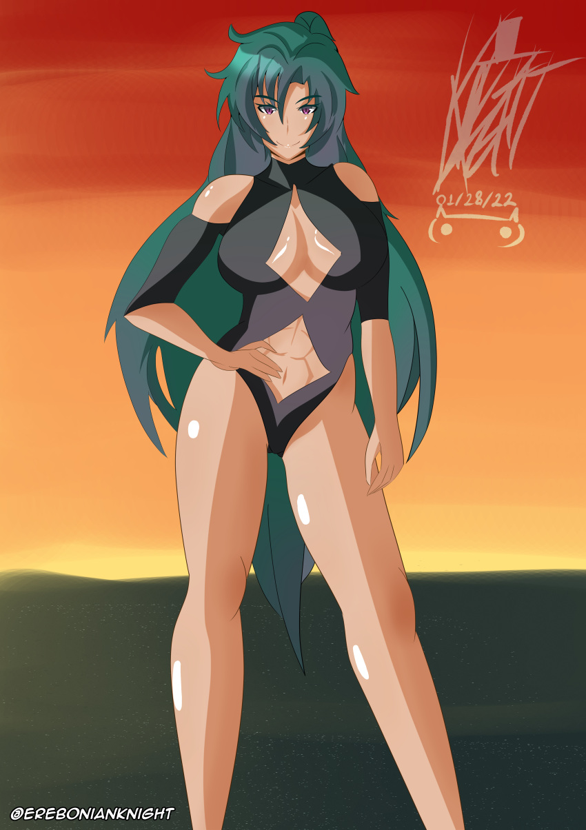 1girls abs beach bishoujo_senshi_sailor_moon dochaunt24 green_hair hand_on_hip large_breasts one-piece_swimsuit red_eyes setsuna_meiou smile sunset swimsuit tagme tan