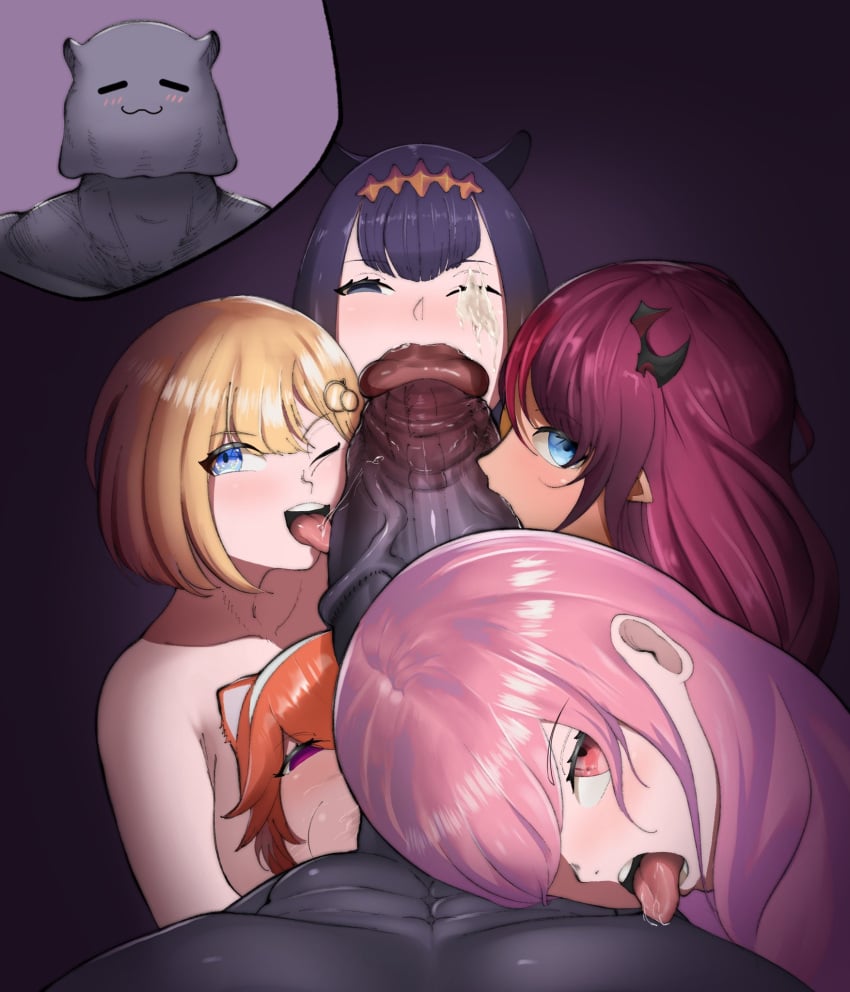 1boy 5girls big_penis blowjob cock_worship collaborative_fellatio dark-skinned_male eye_contact fan_mascot_(vtuber) fan_mascot_focus_(vtuber) fellatio gigantic_penis harem higher_resolution_duplicate hololive hololive_english hololive_english_-promise- hololive_myth irys irys_(hololive) just_the_tip licking licking_nipples licking_penis mori_calliope multiple_fellatio multiple_girls ninomae_ina'nis okaimikey oral penis penis_awe penis_lick pov quintuple_fellatio sucking_testicles sucking_tip takanashi_kiara tako_(ninomae_ina'nis) teamwork virtual_youtuber watson_amelia