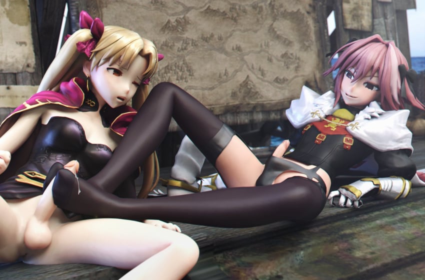 3d astolfo_(fate) cum cum_on_feet dawadd ereshkigal_(fate) fate_(series) femboy footjob futanari legwear one_eye_closed penis_out penis_partially_visible penis_under_clothes smug smug_face smug_grin sockjob stockings trap