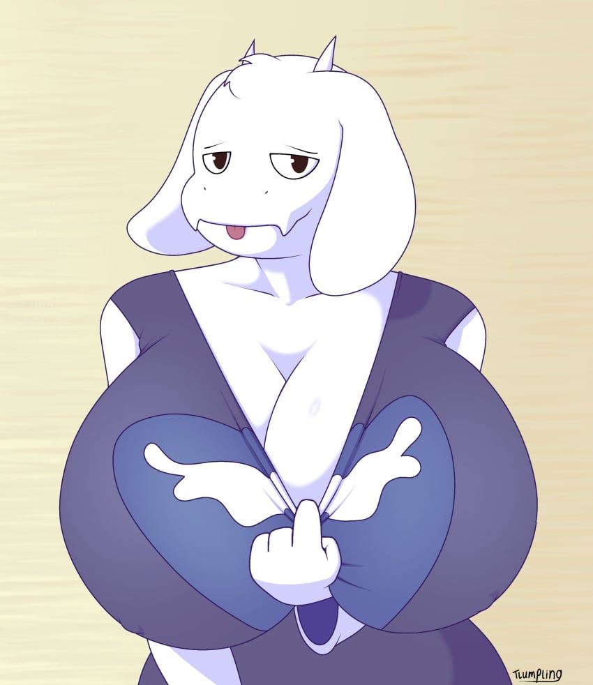 boss_monster breasts female horns huge_breasts jumjumbalaya monster shirt_pull tlumpling tongue_out toriel undertale video_games