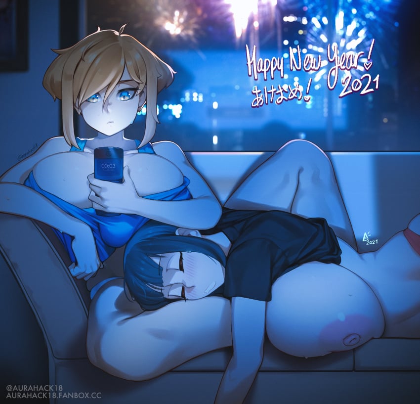 2021 2girls absurdres aleixa_(aurahack) aurahack black_shirt blonde_hair blue_eyes blue_shirt breast_press breasts commentary couch female fireworks gigantic_breasts happy_new_year highres huge_breasts lap_pillow multiple_girls new_year nipples original panties phone shirt short_hair skindentation sleeping sweat tera_(aurahack) topless twitter_username underwear yuri