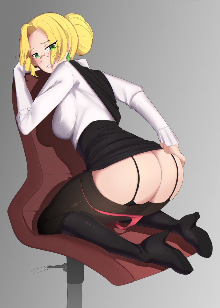 1girls 2022 ass big_ass big_butt blonde_hair fair-skinned_female fair_skin female female_focus female_only glasses glynda_goodwitch grabbing_own_ass green_eyes light-skinned_female light_skin neovixtadiz pantyhose rwby sitting sitting_on_chair solo solo_female solo_focus thick_thighs thighs thong thong_down