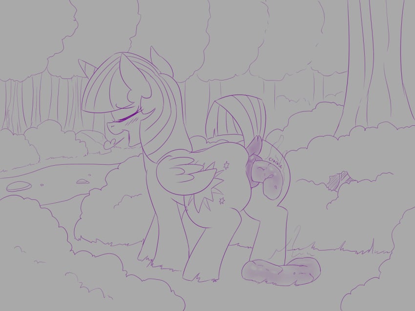 alicorn anus ass blush cutie_mark dendollae dock equid equine eyelashes feces female feral friendship_is_magic greyscale hasbro horn mammal monochrome my_little_pony open_mouth outside plant puffy_anus scat smile solo tree twilight_sparkle_(mlp) wings