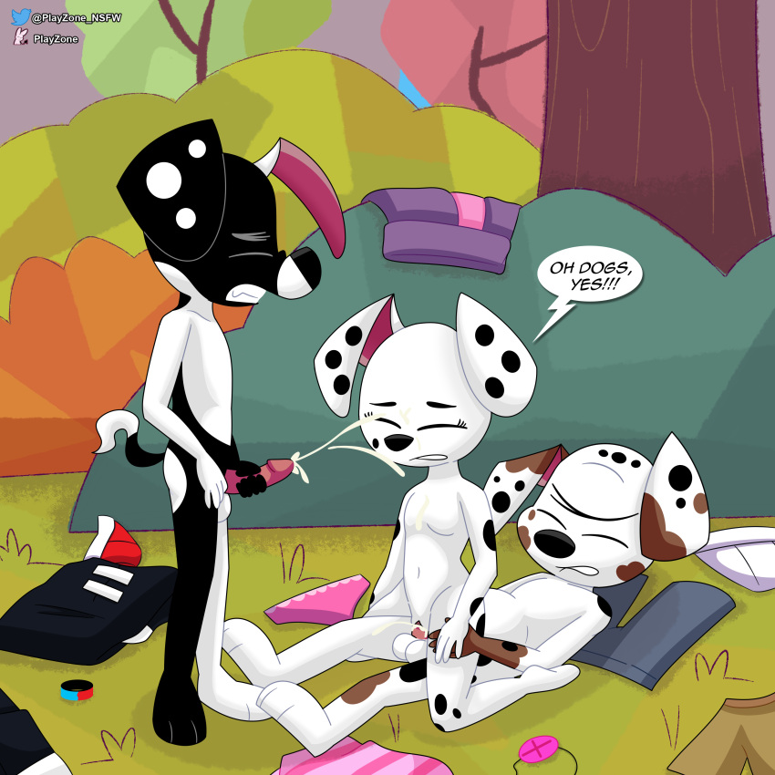 101_dalmatian_street 101_dalmatians absurd_res anthro balls black_body bodily_fluids brother brother_and_sister canid canine canis clothing clothing_aside cum cum_on_face dalmatian deepak_(101_dalmatians) deja_vu_(101_dalmatians) dialogue diesel_(101_dalmatians) discarded_clothing disney domestic_dog erection exhibitionism female flat_chested genital_fluids genitals group hi_res imminent_orgasm incest male male/female mammal masturbation nude penetration penis playzone public public_nudity pussy sex sibling sister slightly slightly_chubby vaginal_penetration young