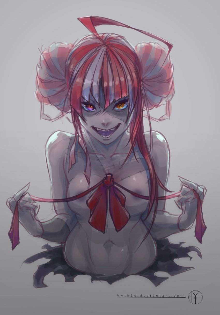 1girls female female_focus female_only grey_skin half_body hololive hololive_indonesia hololive_indonesia_holoro kureiji_ollie myth1c nipple_slip red_hair small_breasts stitched stitches virtual_youtuber white_hair youtube youtuber zombie zombie_girl