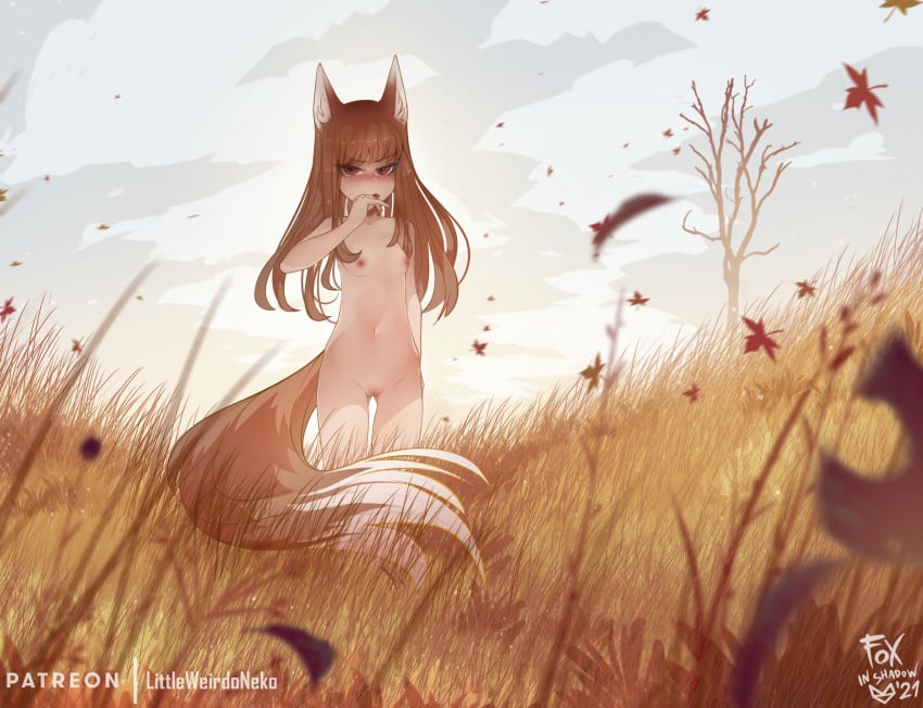 1girls blush brown_hair completely_nude detailed_background female female_only flat_chest foxinshadow holo kemonomimi littleweirdoneko long_hair looking_at_viewer nude outside shaved_pussy small_breasts solo spice_and_wolf tail thigh_gap uncensored wolf_ears wolf_girl wolf_tail