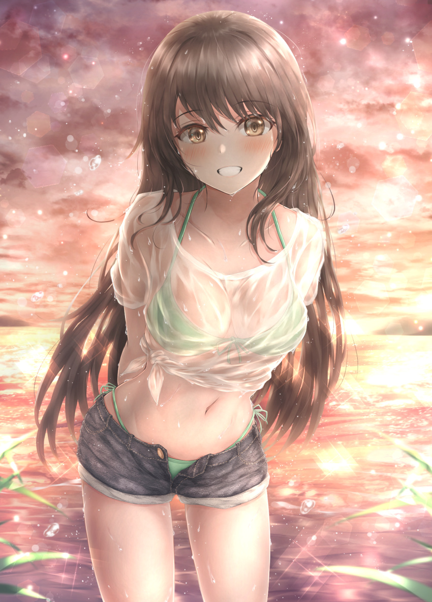 :d absent arms_behind_back bangs bare_legs bikini breasts brown_eyes brown_hair clavicle denim denim_shorts evening female grass green_bikini grin high_resolution leaning_forward legs lens_flare long_hair looking_at_viewer medium_breasts mountain navel ocean open-mouth_smile open_fly open_mouth original see-through shirt short_shorts short_sleeves shorts sidelocks smile sparkle standing sunset swimsuit teeth thigh_gap tied_shirt unbuttoned water_drop wet wet_clothes wet_hair white_shirt