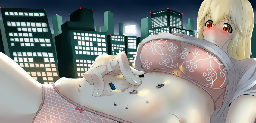 anime_style bellybutton blonde_hair city cityscape fingers giantess macrophilia mejiro_(mejiro600) night no_need_to_explain pixiv red_eyes shrunk shrunken tiny_person