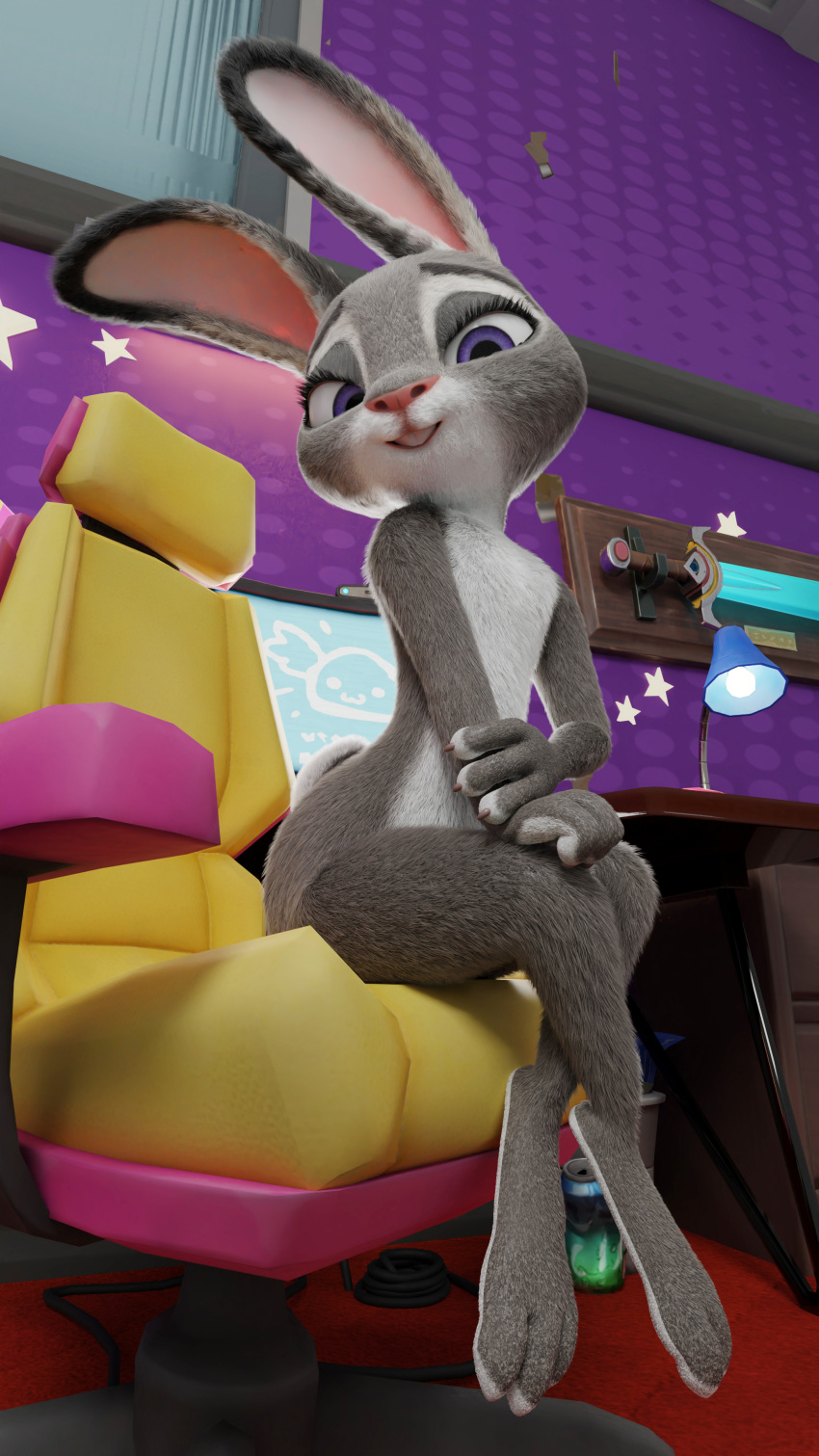 1girls 3d anthro chair disney female female_only fever-dreamer flat_chest fur furry furry_only hi_res judy_hopps looking_down nude open_mouth pinup purple_eyes rabbit sitting sitting_on_chair solo tail teeth zootopia zootropolis