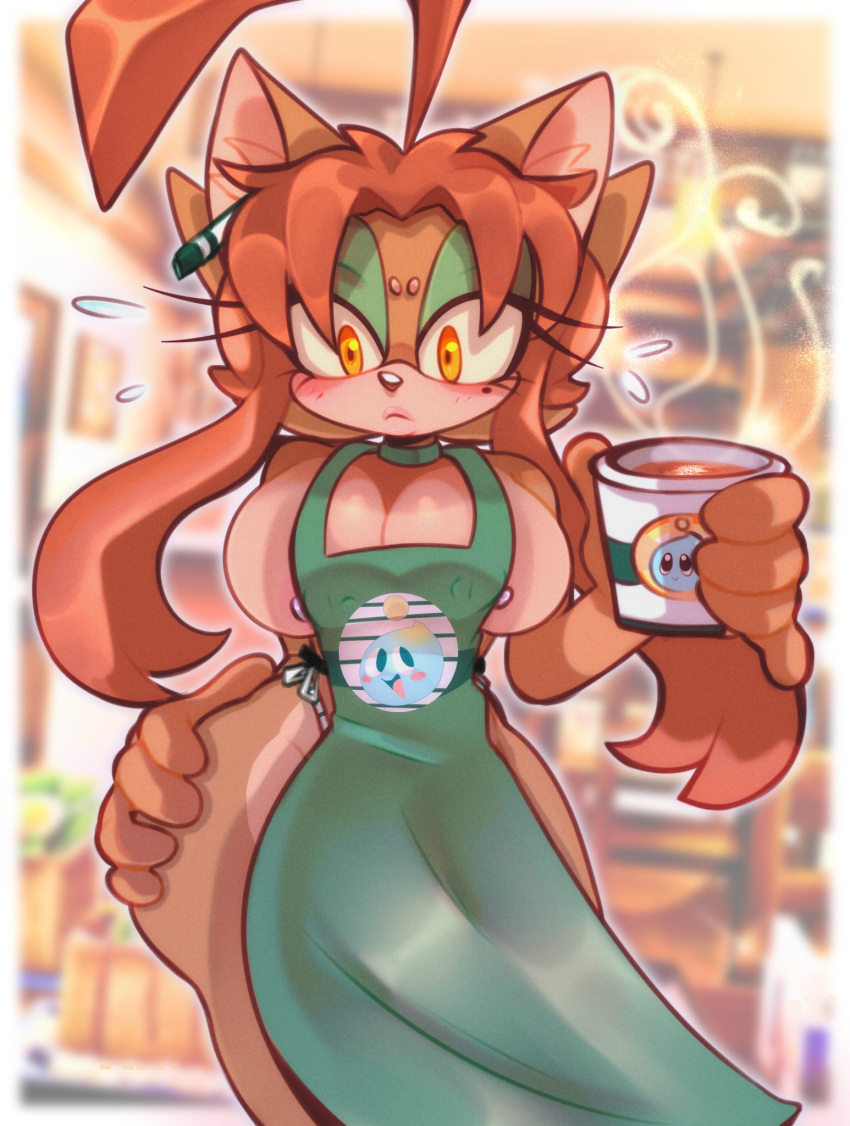 anthro apron apron_only barista big_ass big_breasts big_butt breasts breasts_too_big brown_body brown_eyes brown_fur brown_hair choker coffee coffee_cup cosmicpussycat eyeshadow green_eyeshadow hand_on_ass hourglass_figure iced_latte_with_breast_milk looking_at_viewer meme nipple_piercing nude_apron oc original_character sideboob sonic_(series) sonic_oc starbucks starbucks_parody