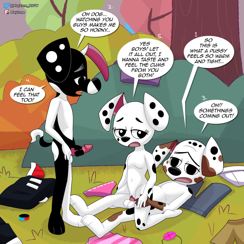 101_dalmatian_street 101_dalmatians absurd_res anthro balls black_body brother brother_and_sister canid canine canis clothing clothing_aside dalmatian deepak_(101_dalmatians) deja_vu_(101_dalmatians) dialogue diesel_(101_dalmatians) discarded_clothing disney domestic_dog erection exhibitionism female flat_chested genitals group hi_res imminent_orgasm incest male male/female mammal masturbation nude penetration penis playzone public public_nudity pussy sex sibling sister slightly_chubby vaginal_penetration white_body young