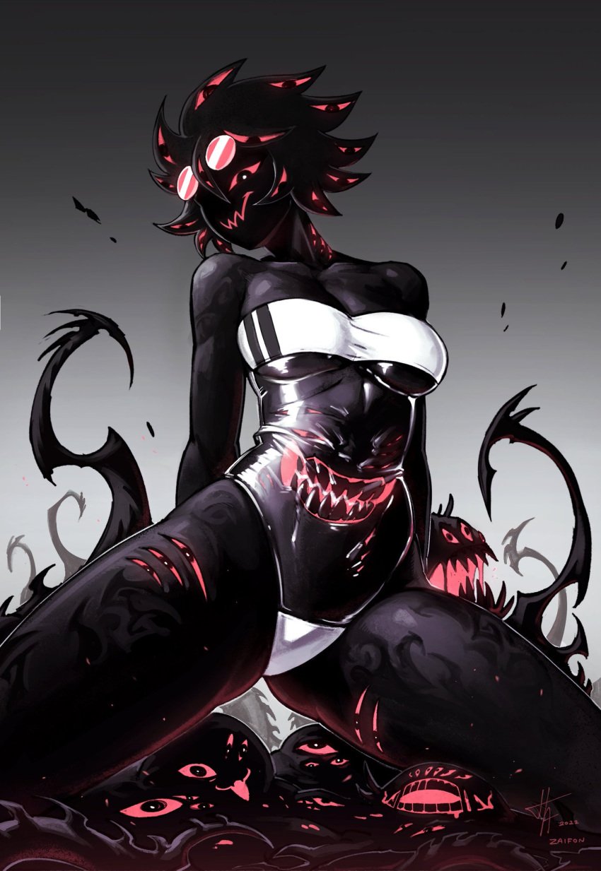 1girls abby_(zaifon) ass_visible_through_thighs black_eyes black_skin breasts dark-skinned_female dark_skin female gris_swimsuit medium_breasts meme_attire monster monster_girl mouth_on_chest multi_eye multi_mouth nightmare_waifu original original_character red-tinted_eyewear red_sclera short_hair solo sunglasses sunglasses_on_head swimsuit thick_thighs thighs underboob zaifon