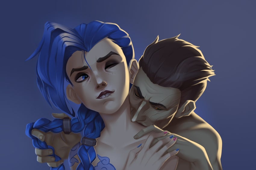 1boy 1girls age_difference arcane arcane_jinx biting_lip daddy_kink father_and_daughter hetero jinx_(league_of_legends) kissing_neck league_of_legends male nude silco_(arcane) sinneronshimmer