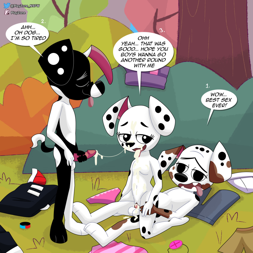 101_dalmatian_street 101_dalmatians absurd_res after_sex anthro balls black_body bodily_fluids brother brother_and_sister canid canine canis clothing clothing_aside cum cum_in_mouth cum_inside cum_on_chest cum_on_face dalmatian deepak_(101_dalmatians) deja_vu_(101_dalmatians) dialogue diesel_(101_dalmatians) discarded_clothing disney domestic_dog exhibitionism female genital_fluids genitals group hi_res incest male male/female mammal masturbation nude penis playzone public public_nudity sex sibling sister slightly_chubby tongue tongue_out white_body young