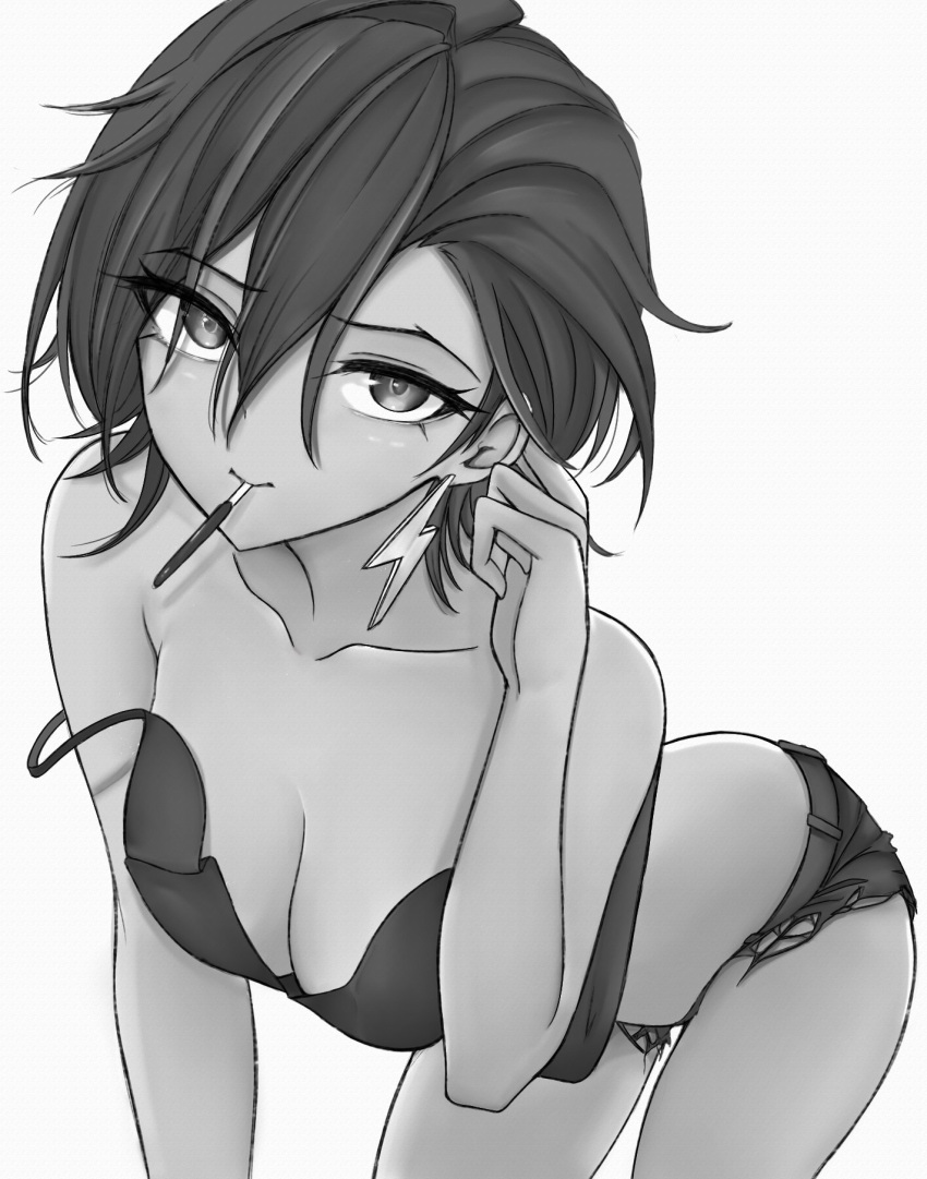 black_and_white cleavage earrings female genderswap genderswap_(mtf) honon jean_shorts nijisanji nijisanji_en rule_63 short_shorts shorts shoulders virtual_youtuber yugo_asuma