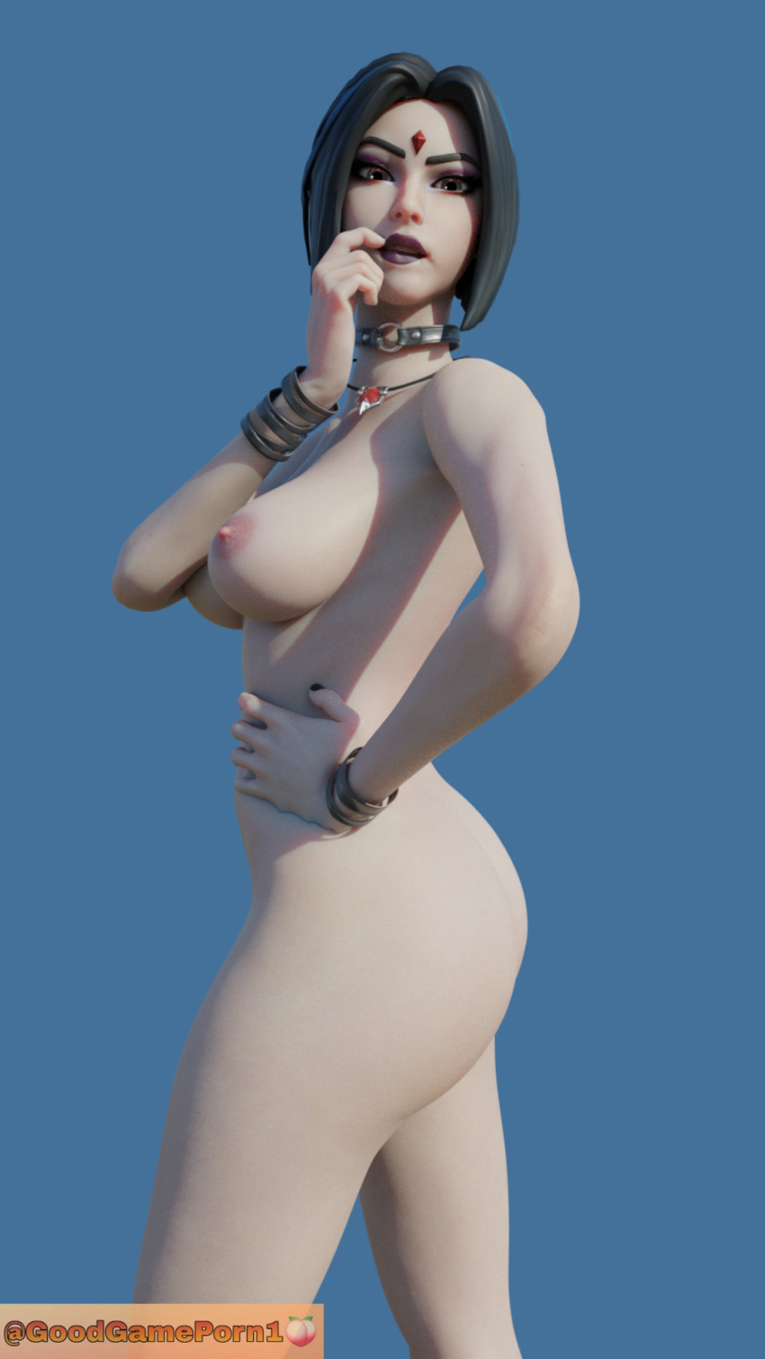 1girls 3d 3d_(artwork) artist_name ass big_ass big_breasts big_butt bracelet bracelets breasts choker dark_hair dc dc_comics female female_only finger_to_mouth forehead_jewel fortnite fortnite:_battle_royale goodgameporn1 goth goth_girl lipstick looking_at_viewer mouth_open naked necklace nipples nude nude_female pale-skinned_female rachel_roth raven_(dc) raven_(fortnite)_(dc) short_hair solo solo_female teen_titans