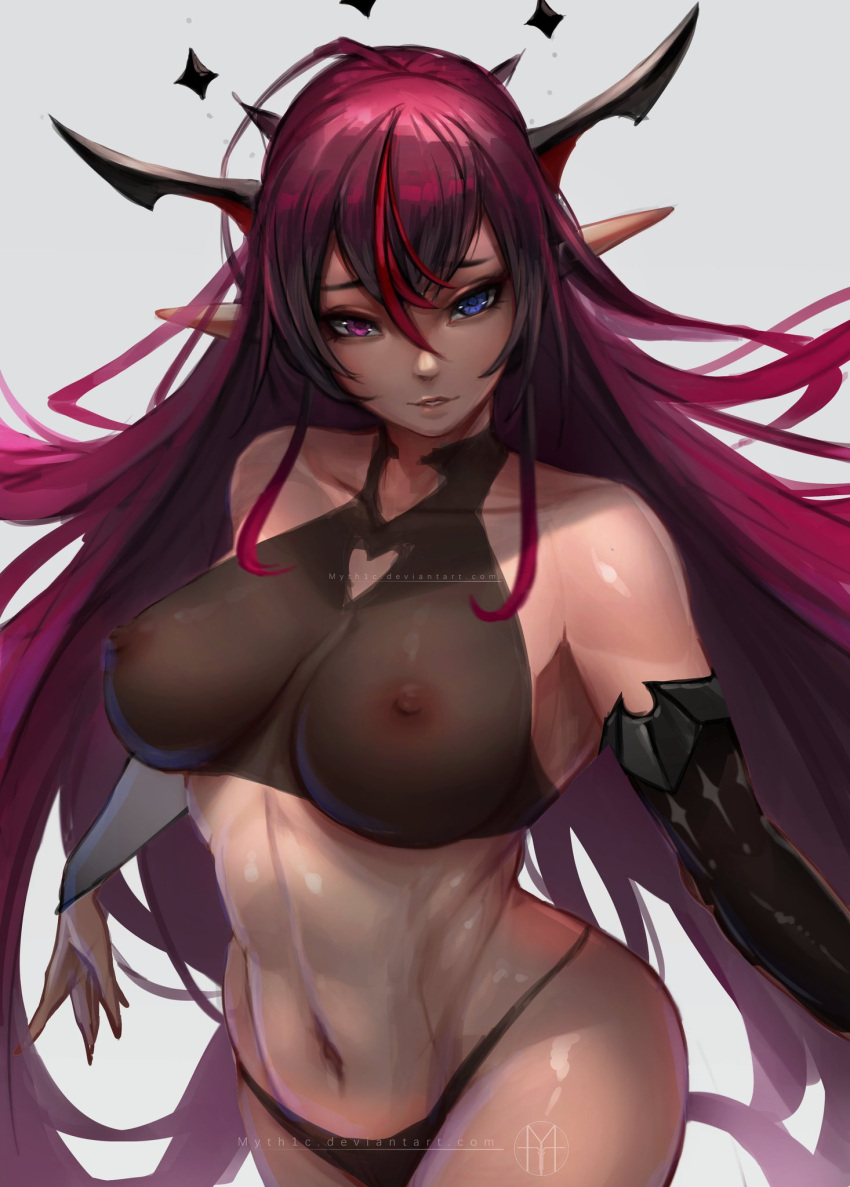 angel angel_girl arm_gloves blue_eyes breasts demon demon_girl elf_ears heterochromia hololive hololive_english hololive_english_-promise- horn horns irys irys_(hololive) myth1c nephilim nipples nipples_visible_through_clothing pink_hair pointy_ears red_hair thick_thighs thong virtual_youtuber wide_hips