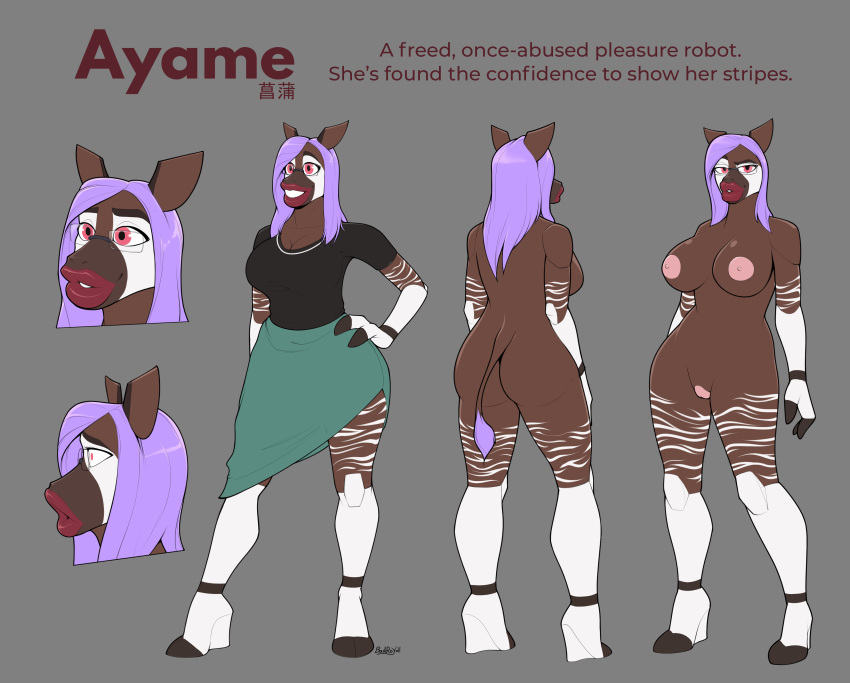 absurd_res anthro ayame_(character) badroy bottomwear clothing eyewear female giraffid glasses hair hi_res high_heels lips long_hair machine mammal okapi purple_hair robot skirt solo synthetic thick_lips