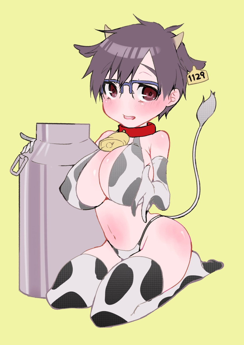 big_breasts cow_bikini cow_ears cow_horns cow_print genderswap_(mtf) grabbing katsuki_yuuri milk rule_63 short_hair swimsuit taiga underwear very_short_hair yuri!!!_on_ice