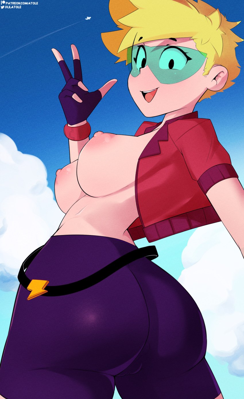 areolae ass big_ass big_breasts blonde_hair blue-tinted_eyewear brawl_stars breasts clothing clouds glasses jacket lilatole looking_at_viewer max_(brawl_stars) nipples pants short_hair streetwear_max sunglasses supercell tagme tinted_eyewear topwear