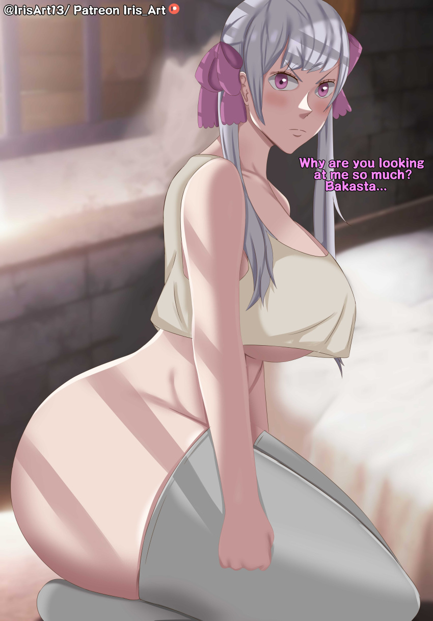 1girls angry ass big_ass big_breasts black_clover breasts huge_ass huge_breasts irisart13 kneeling noelle_silva solo text thick_thighs tsundere twintails