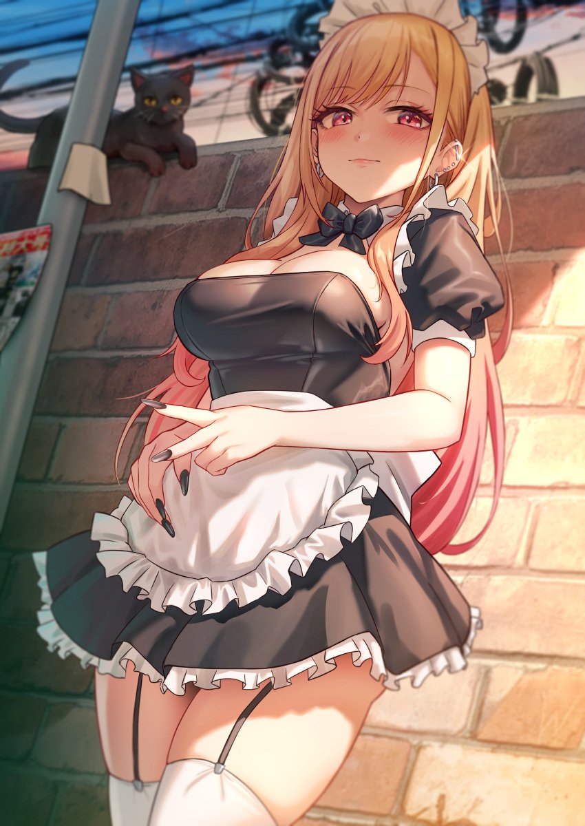 1girls absurd_res apron black_garter_straps black_nails blonde_hair brick_wall cleavage ear_piercing earrings feline female female_only gyaru happy happymonk hi_res kitagawa_marin large_breasts long_hair looking_at_viewer maid maid_apron maid_headdress maid_uniform nail_polish pink_eyes solar_(happymonk) solo sono_bisque_doll_wa_koi_wo_suru thick_thighs thighhighs thighs uncensored white_legwear white_stockings