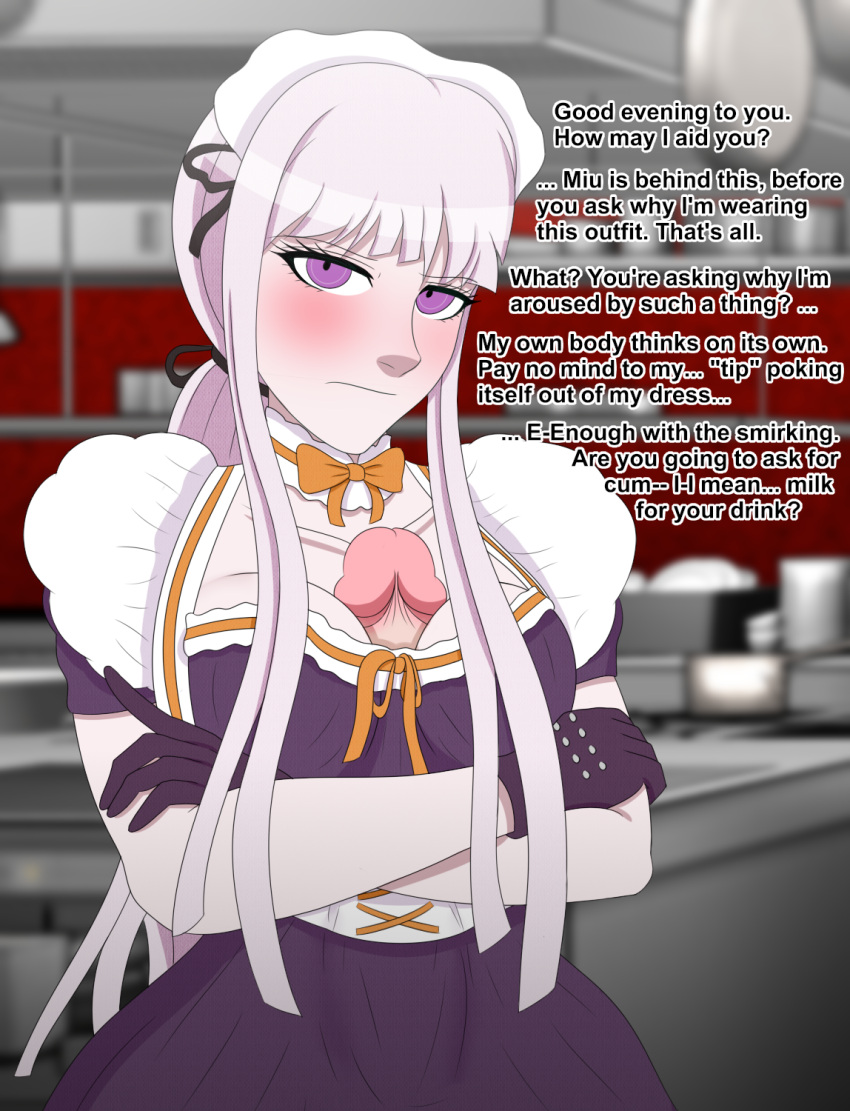 1futa alternate_costume arms_folded autopaizuri autopaizuri_under_clothes bangs big_breasts black_ribbon blush bowtie breasts cleavage closed_mouth clothed clothing collarbone crossed_arms danganronpa dialogue dress embarrassed english_text eroticaquatic eyelashes frills fully_clothed futa_only futanari gloves hair_ribbon human implied_futanari kirigiri_kyouko lavender_hair light-skinned_futanari light_skin long_hair long_penis maid maid_uniform orange_ribbon pale-skinned_futanari pale_skin pink_eyes pink_hair ponytail purple_eyes ribbon self_upload smooth_skin solo standing text