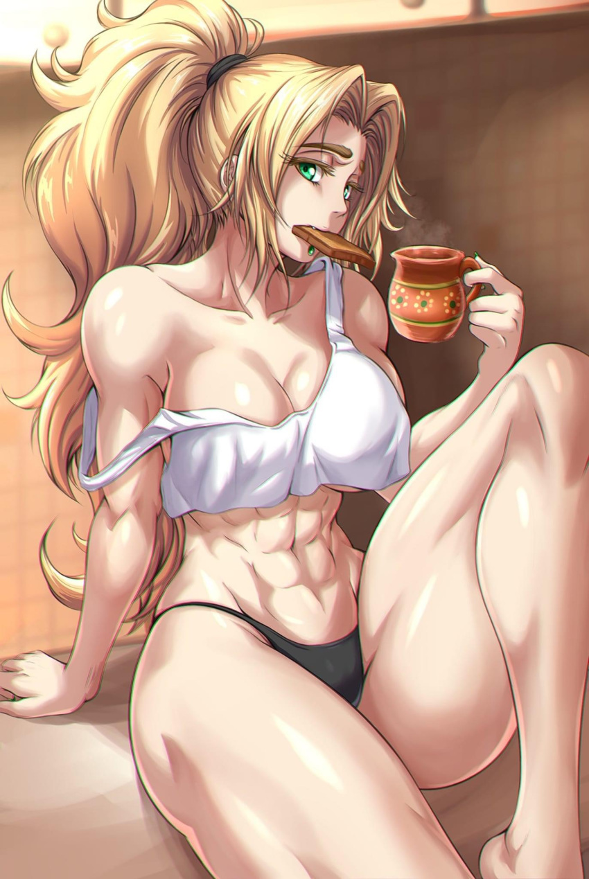 abs blonde_hair coffee_cup fate/grand_order fate_(series) green_eyes midriff muscular muscular_female ponytail quetzalcoatl_(fate) solo solo_female tank_top thong toast toast_in_mouth zantyarz