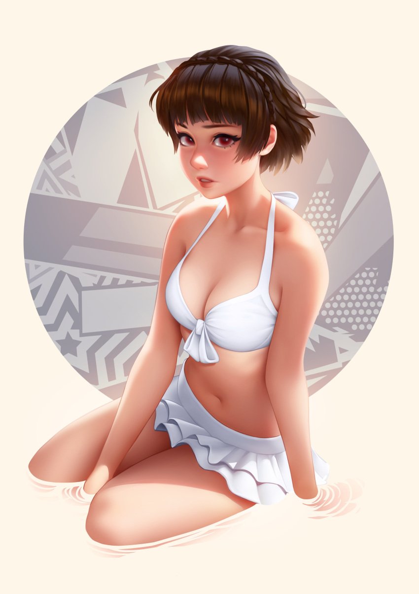 1girls atlus bare_arms bare_shoulders bikini bikini_skirt brown_hair cleavage collarbone fair-skinned_female fair_skin female female_focus female_only front-tie_top light-skinned_female light_skin looking_at_viewer makoto_niijima medium_breasts midriff partially_submerged persona persona_5 red_eyes short_hair sitting solo solo_female solo_focus stomach swimsuit thighs tsuaii water white_bikini