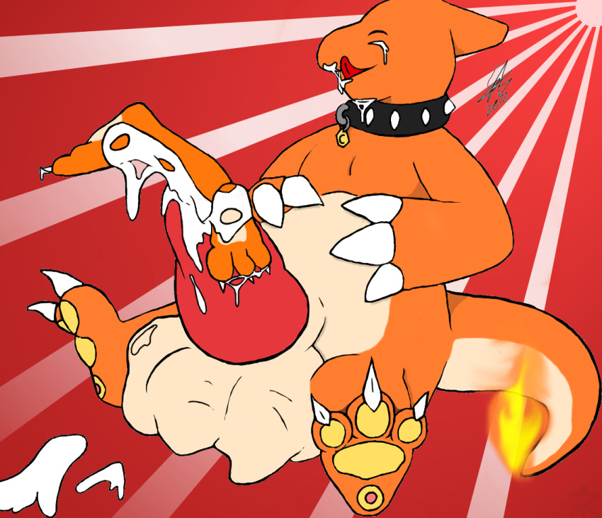 affront_to_nature beige_skin charmeleon claws cock_vore collar color fire licking male male_only multiple_males nintendo nude orange_skin penis pokémon_(species) pokemon saliva sitting tagme tail tail_fire tear tongue tongue_out vore