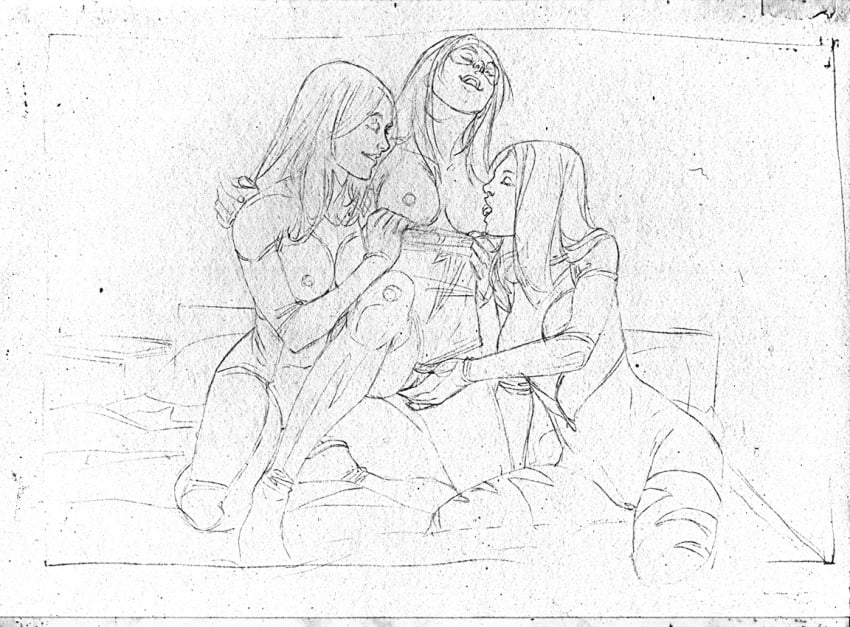 3girls asian barxxx female female_only helen_takahama interracial jolt karla_sofen marvel monochrome moonstone_(marvel) multiple_girls nipples sex songbird straight_hair threesome thunderbolts yuri