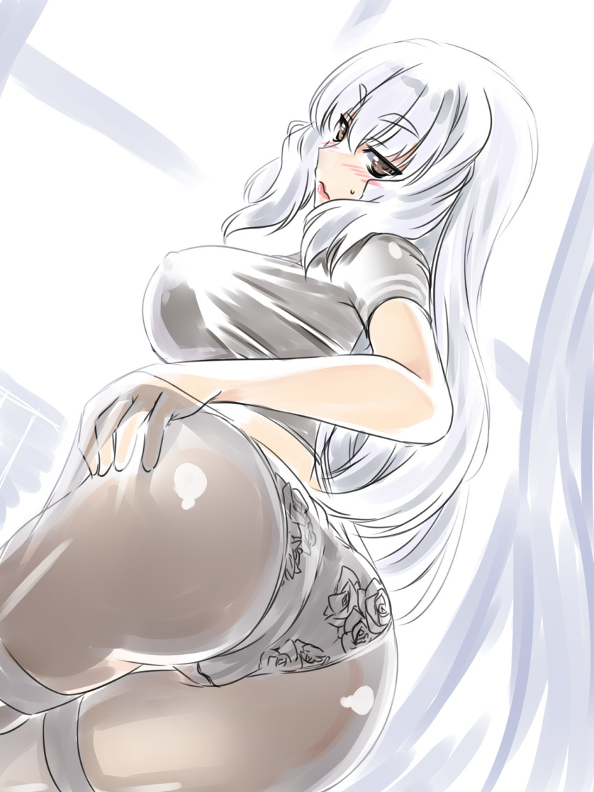 alone ass black_legwear blunt_bangs blush breasts brown_eyes eyebrows_visible_through_hair female female hakkai hand_on_hip hips huge_ass kantai_collection large_ass large_breasts lipstick long_hair looking_at_viewer looking_back murakumo_(kantai_collection) older panties pantyhose sideboob silver_hair solo sweatdrop thick_thighs thighs very_long_hair wide_hips