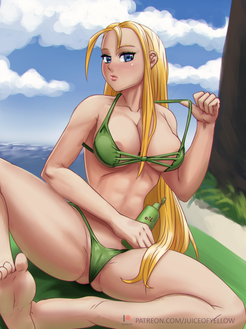 1girls abs alternate_version_available areola_slip areolae barefoot bikini blonde_hair blue_eyes blue_sky bottle breasts cammy_white cleavage female female_only juiceofyellow long_hair looking_at_viewer sitting skimpy skimpy_bikini soles solo street_fighter