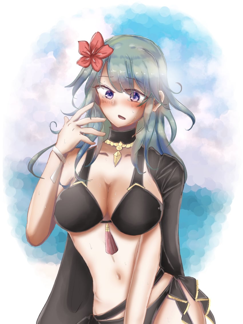 1girls alternate_costume alternate_version_available bikini black_bikini black_swimsuit blush breasts byleth_(fire_emblem) byleth_(fire_emblem)_(female) byleth_(summer)_(fire_emblem)_(female) cape cleavage embarrassed female_only fire_emblem fire_emblem:_three_houses fire_emblem_heroes flower hair_flower large_breasts medium_hair mumei_(artist) nintendo official_alternate_costume open_mouth red_flower solo swimsuit teal_hair