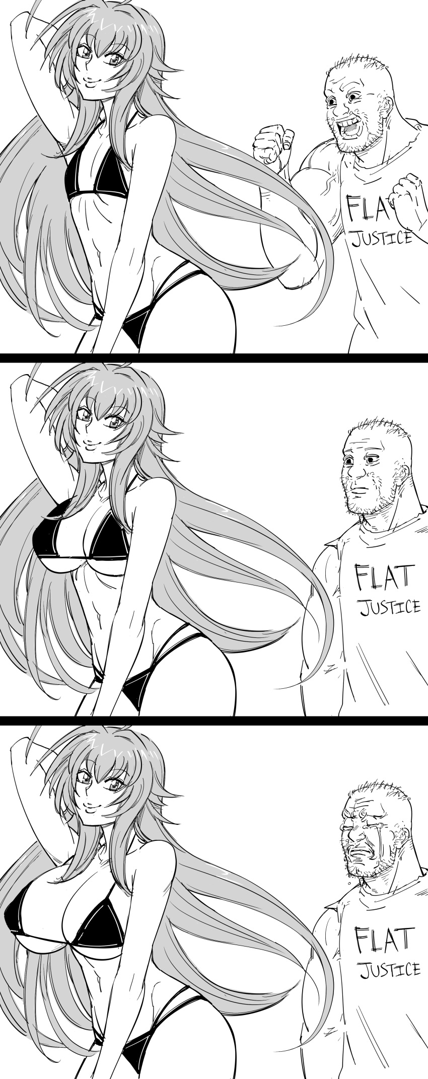 1boy 1girls 2021 3koma ahoge alternate_breast_size arm_up armpits balding bb_(baalbuddy) beard biceps bikini breast_expansion cleavage closed_mouth clothes_writing comic coomer crying disappointed eyebrows_visible_through_hair female flat_chest greyscale happy high_school_dxd huge_breasts humor large_breasts long_hair looking_at_viewer male meme monochrome muscles muscular muscular_male navel open_mouth pose rias_gremory sad shirt simple_background smile standing swimsuit tears teeth thick_thighs thighs tongue vein very_long_hair white_background wide_hips