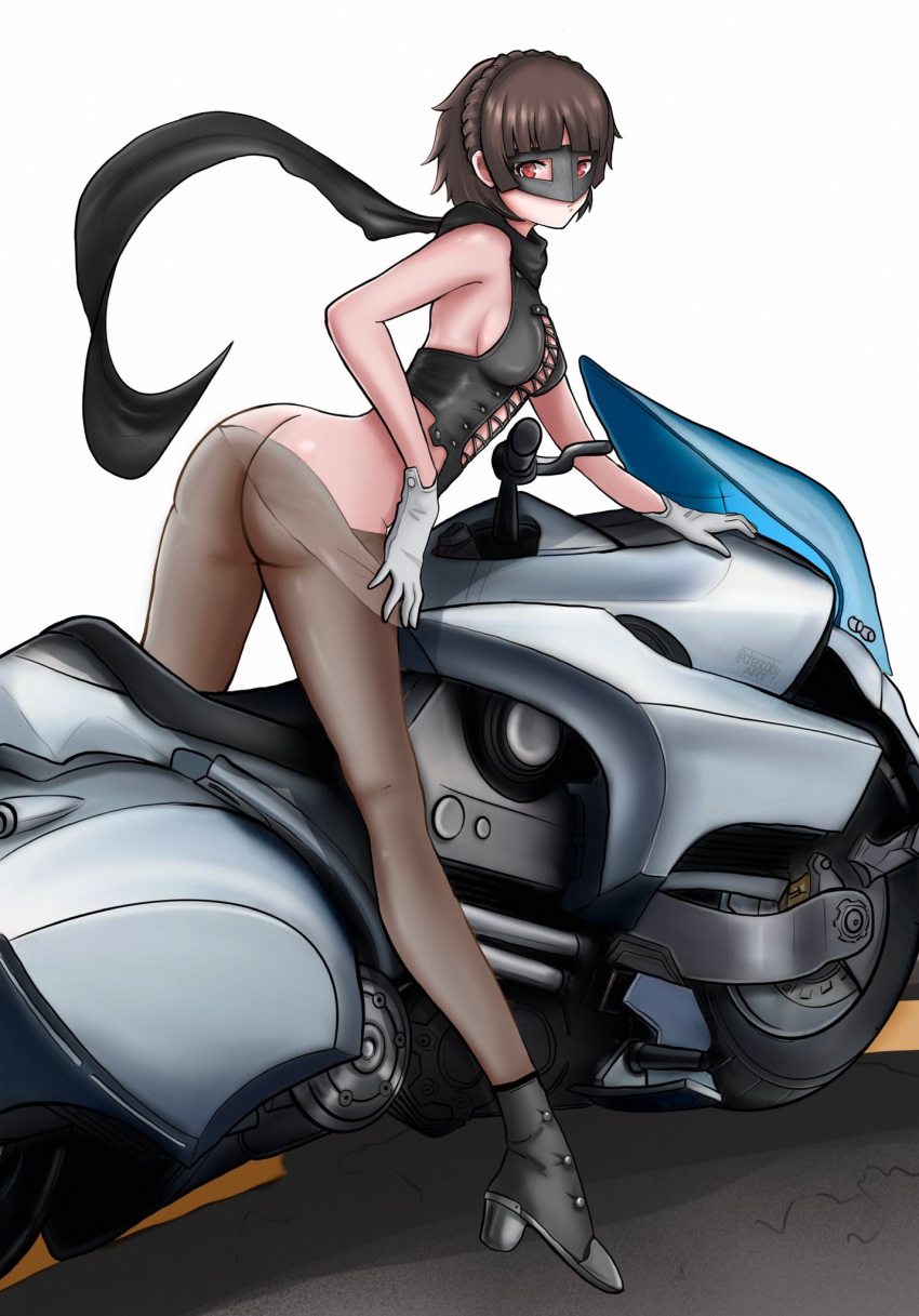 1girls atlus brown_hair chascoby clothing female high_heels human johanna_(persona) long_legs looking_back makoto_niijima mask motorcycle pale_skin persona persona_(species) persona_5 phantom_thief_suit red_eyes scarf short_hair solo thin_female vehicle