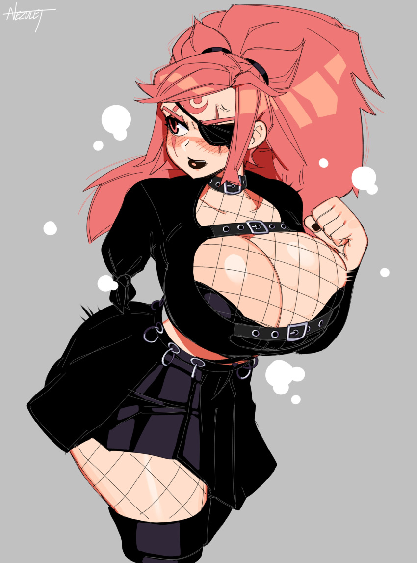 1girls alternate_costume baiken big_breasts black_bra black_clothing black_fingernails black_lipstick blush blushing boob_window boots choker eye_patch facepaint female female_focus female_only fishnets goth goth_girl gothic guilty_gear guilty_gear_strive guilty_gear_xrd huge_breasts large_breasts miniskirt nezulet one_arm one_eye orange_hair skirt small_skirt solo solo_female solo_focus thick_legs thick_thighs thighhigh_boots thighhighs