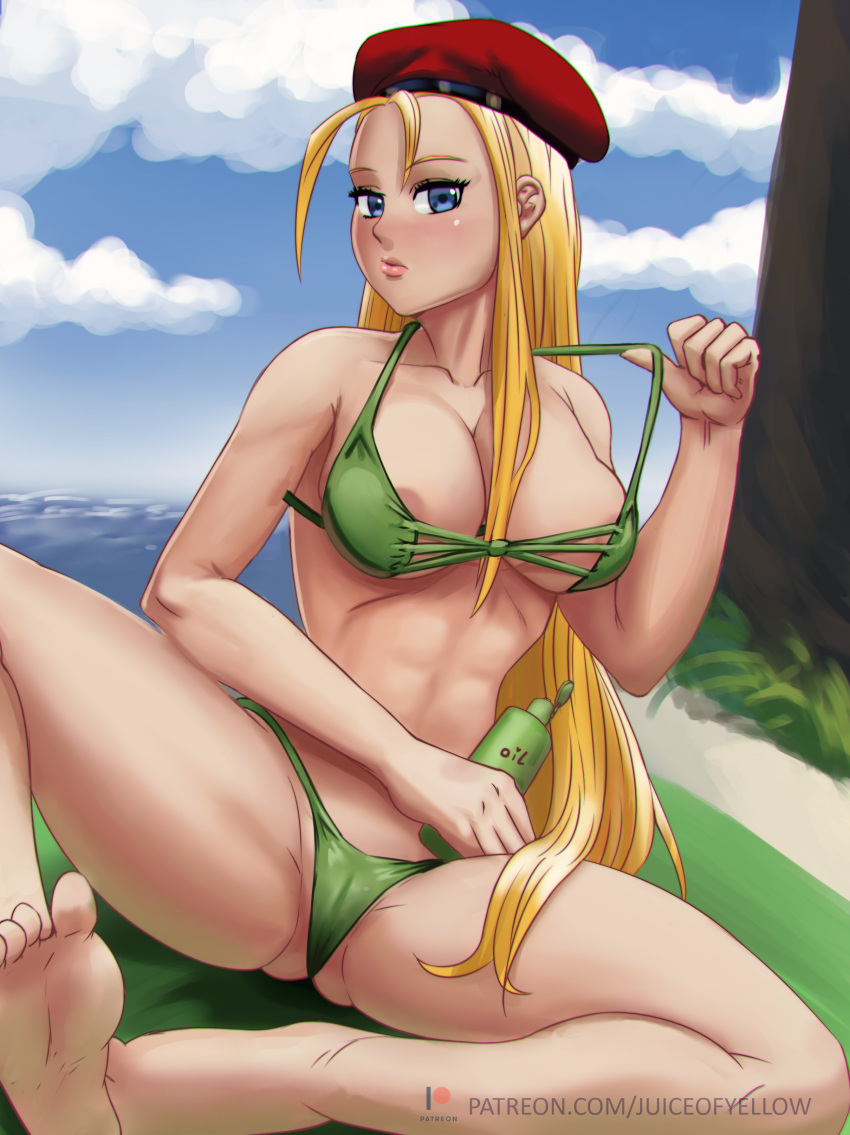 1girls abs alternate_version_available areola_slip areolae barefoot bikini blonde_hair blue_eyes blue_sky bottle breasts cammy_white cleavage female female_only hat juiceofyellow long_hair looking_at_viewer sitting skimpy skimpy_bikini soles solo street_fighter