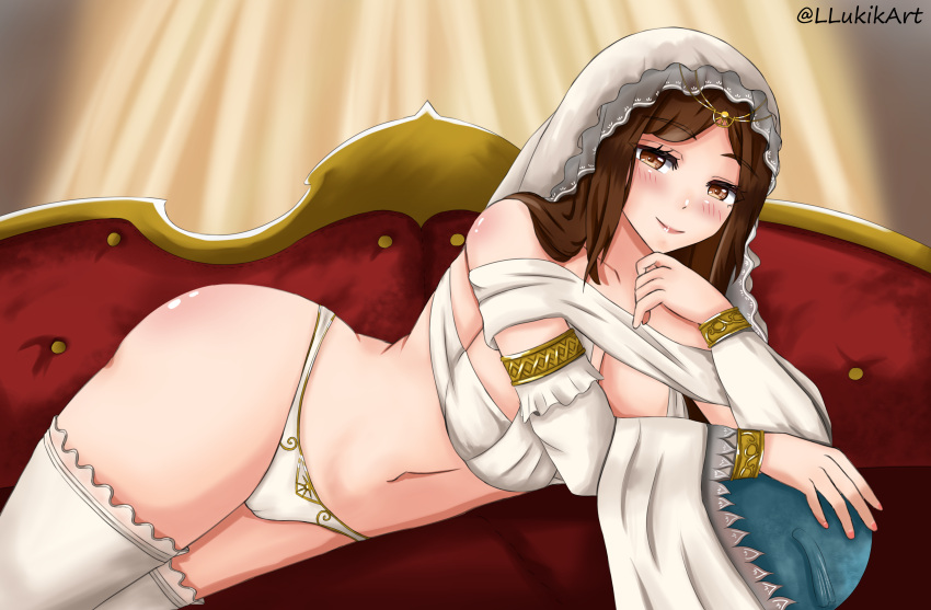 big_breasts brown_eyes brown_hair clothed dark_souls female female_focus female_only fromsoftware laying_down laying_on_bed laying_on_side lingerie llukik panties queen_of_sunlight_gwynevere solo stockings veil