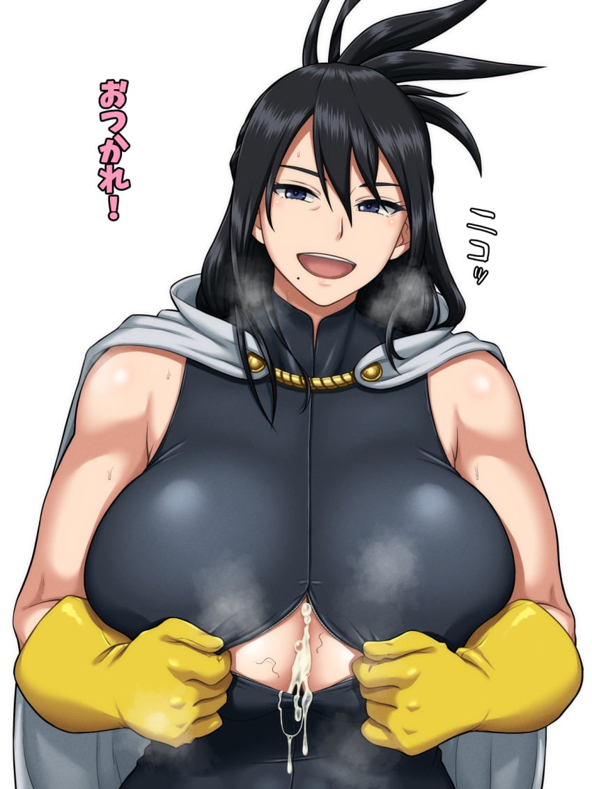 1girls after_paizuri big_breasts black_hair breasts cum cum_on_breasts eye_contact gloves huge_breasts japanese_text looking_at_viewer mature_female metal_man10 muscular_female my_hero_academia nana_shimura solo text translated